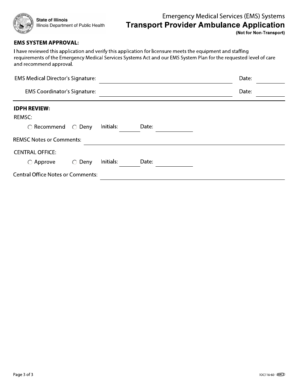 Form IOCI16-60 Emergency Medical Services (EMS) Systems Transport Provider Ambulance Application - Illinois, Page 3