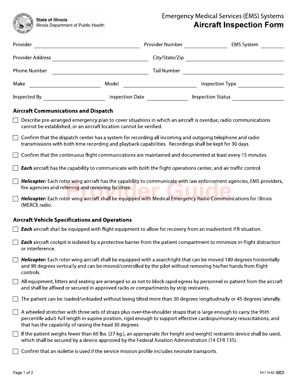 Form IOCI16-82 Emergency Medical Services (EMS) Systems Aircraft Inspection Form - Illinois, Page 1