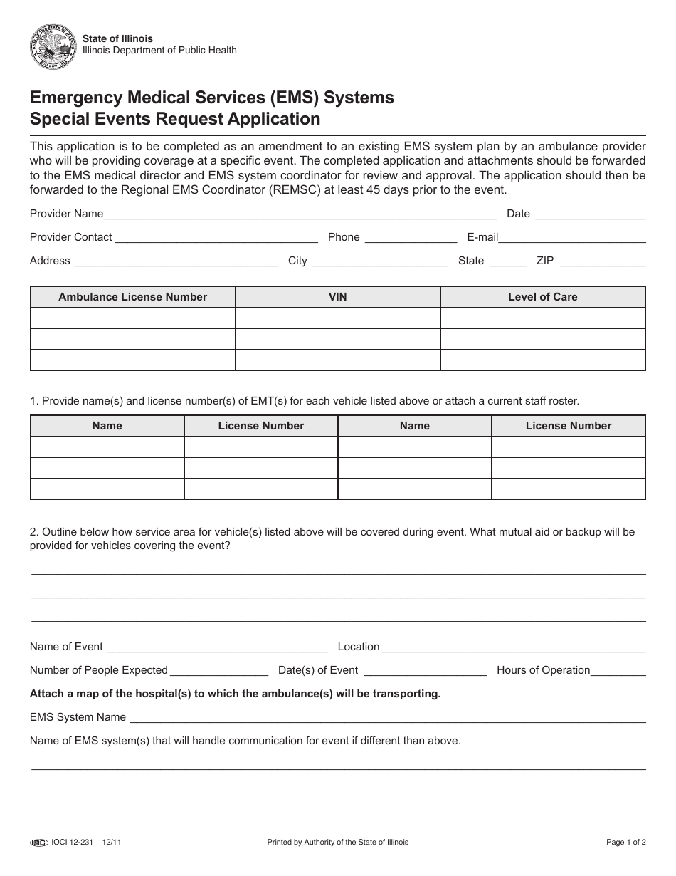 Form IOCI12-231 Emergency Medical Services (EMS) Systems Special Events Request Application - Illinois, Page 1