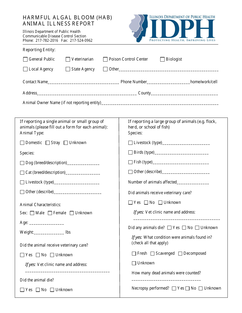 Illinois Harmful Algal Bloom (Hab) Animal Illness Report Form Download ...