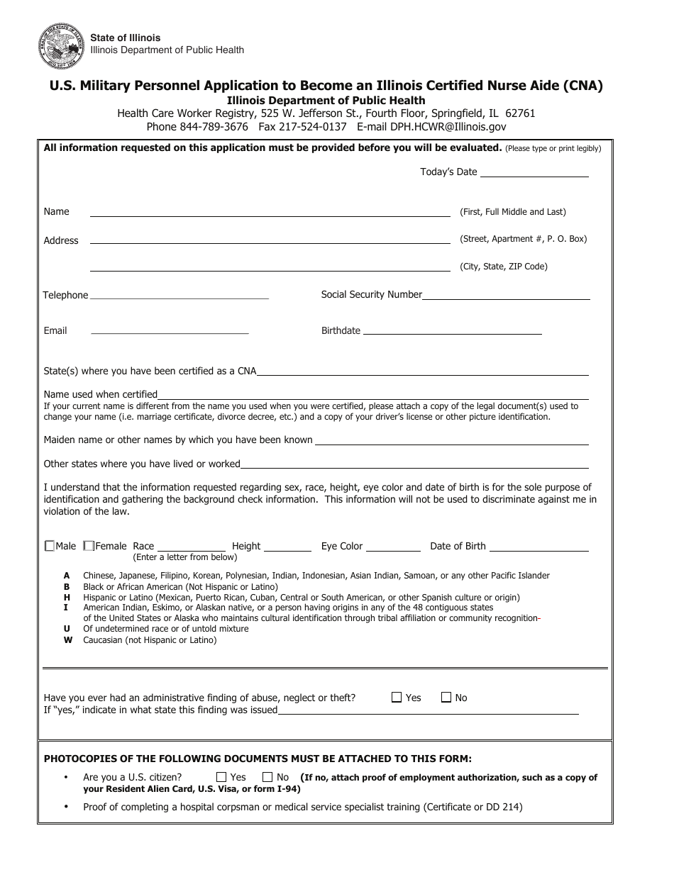 U.S. Military Personnel Application to Become an Illinois Certified Nurse Aide (Cna) - Illinois, Page 1
