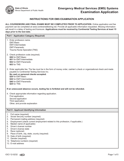 "Emergency Medical Services (EMS) Systems Examination Application" - Illinois Download Pdf