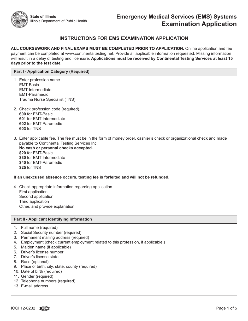 Emergency Medical Services (EMS) Systems Examination Application - Illinois, Page 1