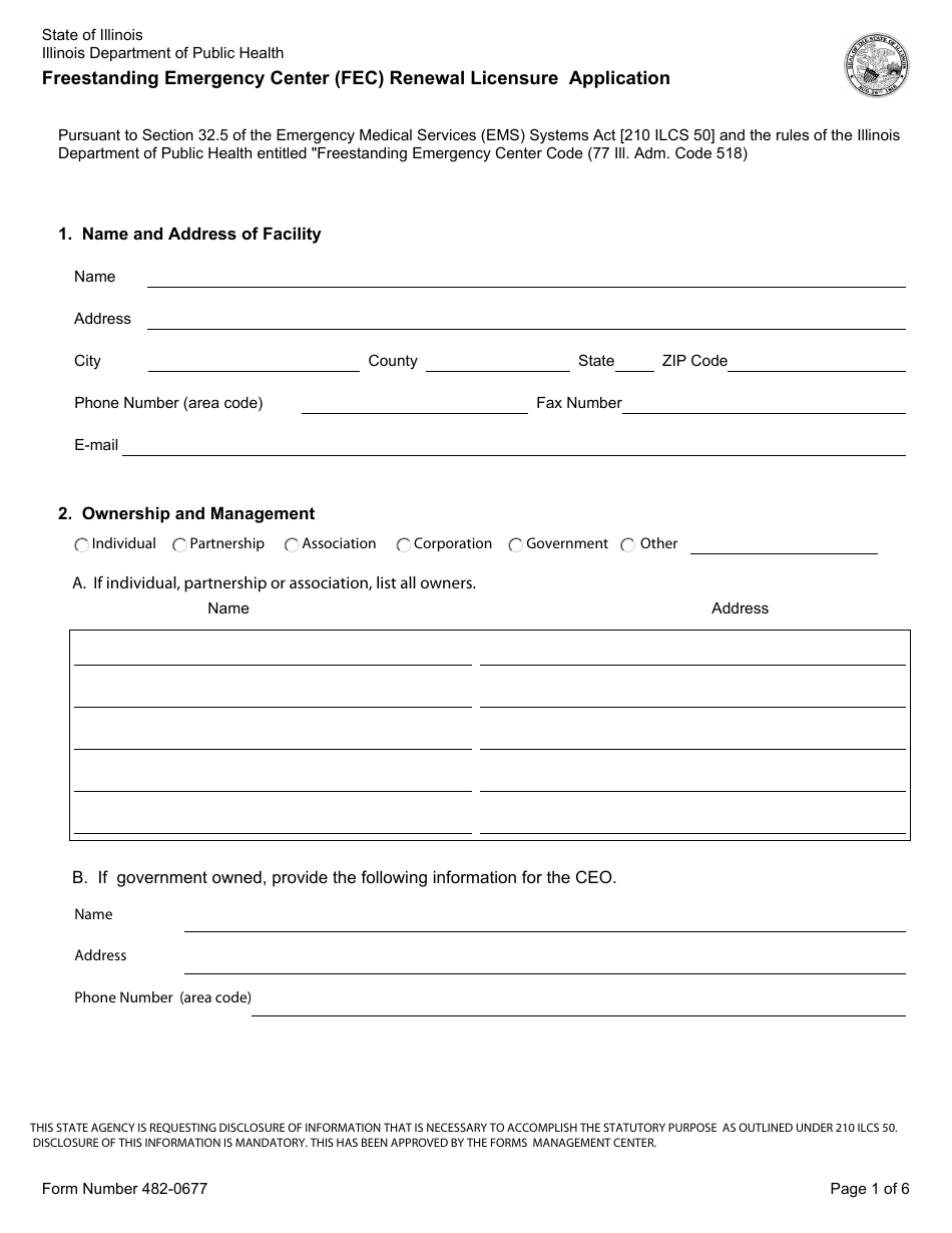Form 482-0677 Freestanding Emergency Center (FEC) Renewal Licensure Application - Illinois, Page 1