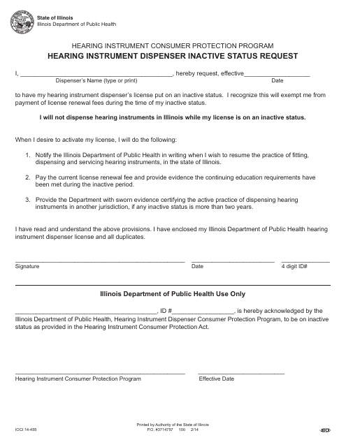 Form IOCI14-455 Hearing Instrument Dispenser Inactive Status Request - Illinois