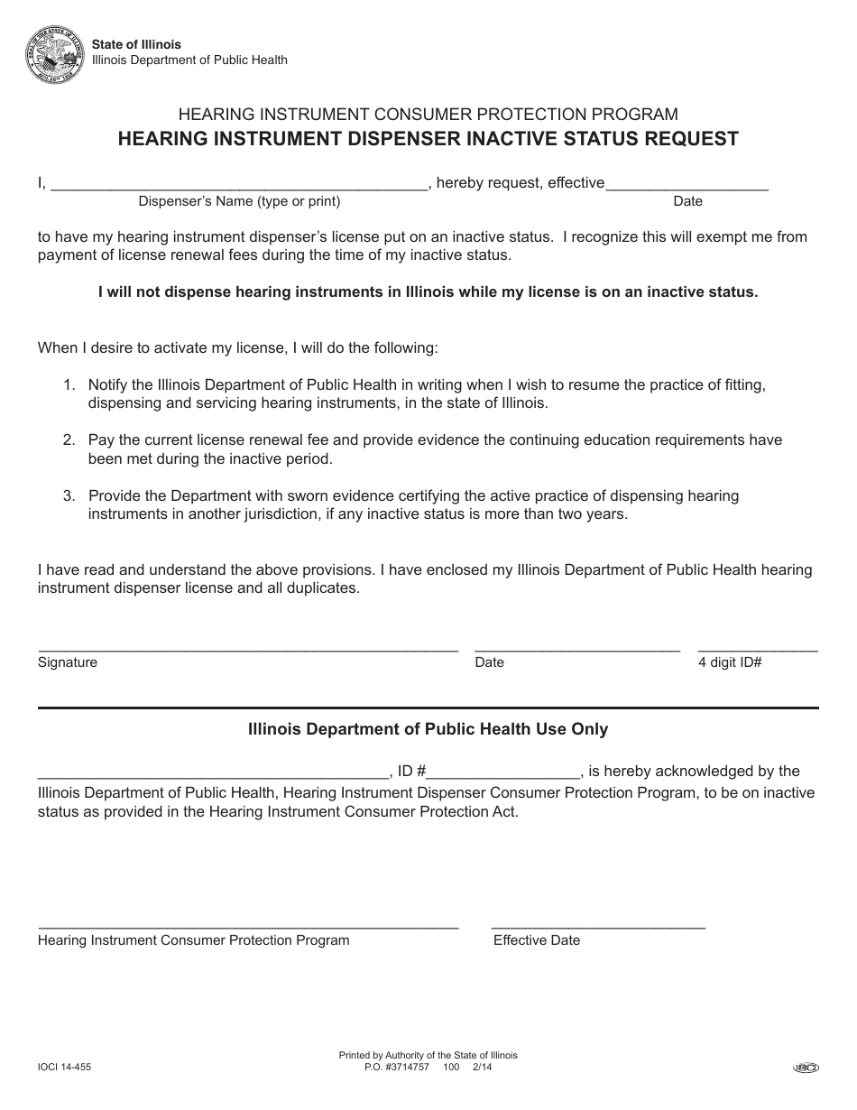 Form IOCI14-455 Hearing Instrument Dispenser Inactive Status Request - Illinois, Page 1