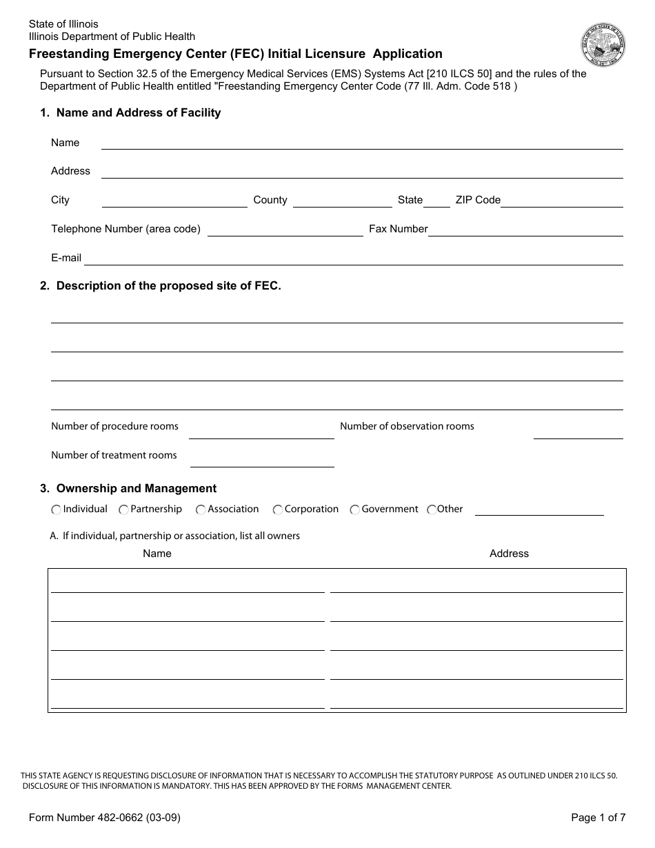 Form 482-0662 Freestanding Emergency Center (FEC) Initial Licensure Application - Illinois, Page 1