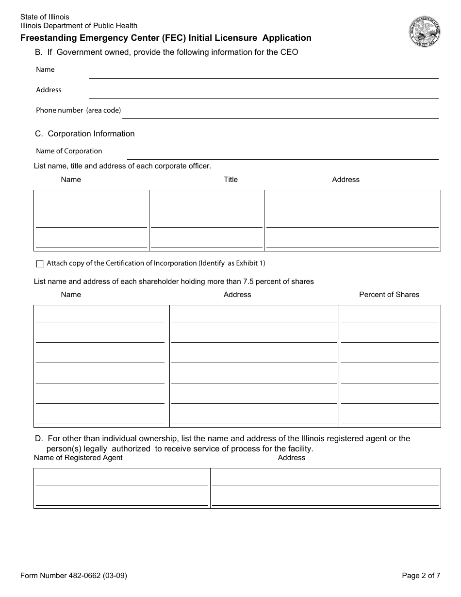 Form 482-0662 Freestanding Emergency Center (FEC) Initial Licensure Application - Illinois, Page 2