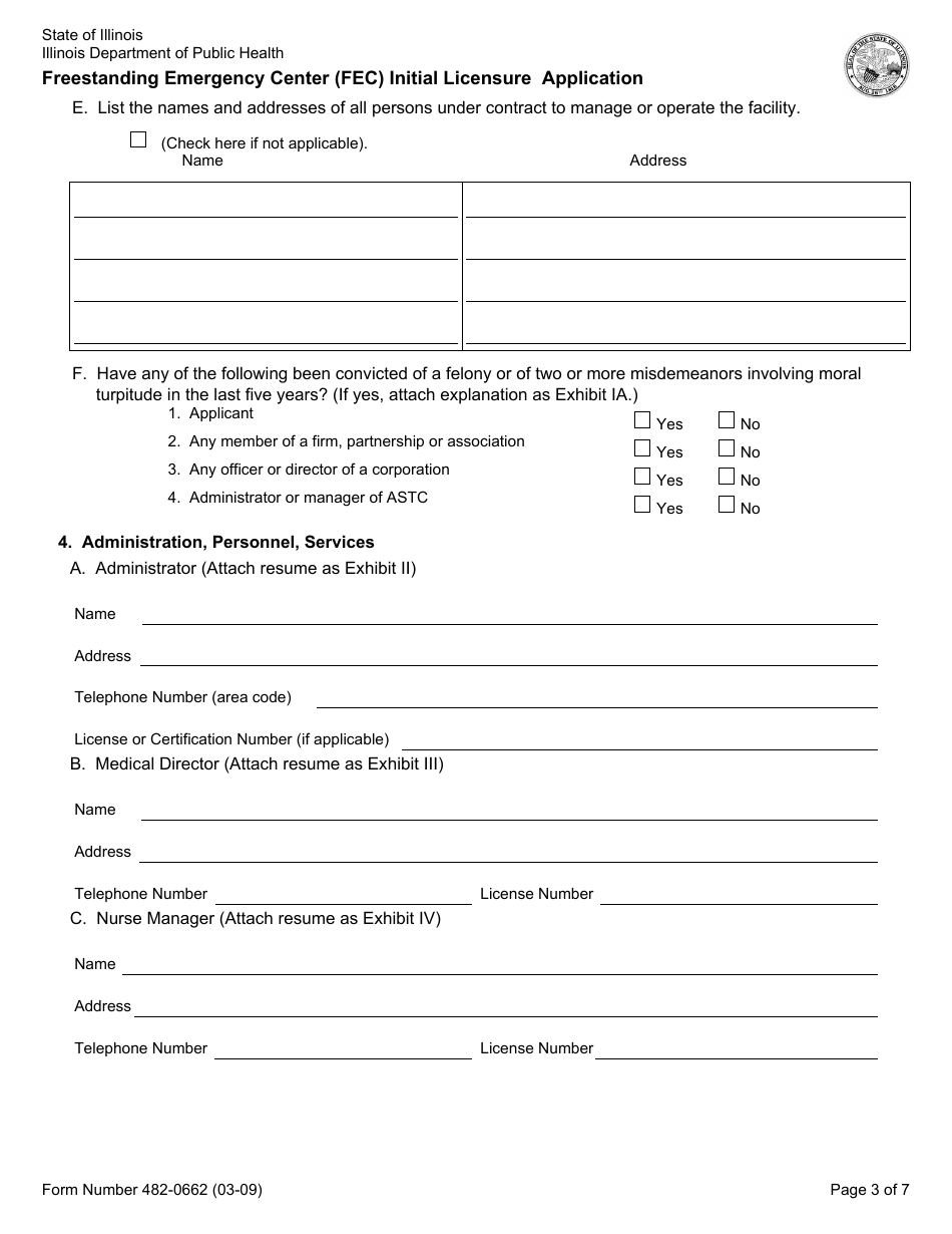 Form 482-0662 Freestanding Emergency Center (FEC) Initial Licensure Application - Illinois, Page 3