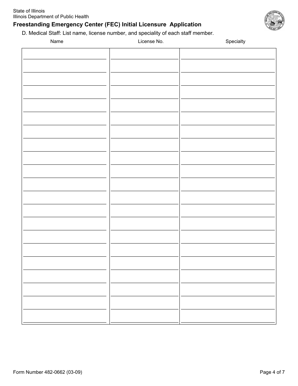 Form 482-0662 Freestanding Emergency Center (FEC) Initial Licensure Application - Illinois, Page 4