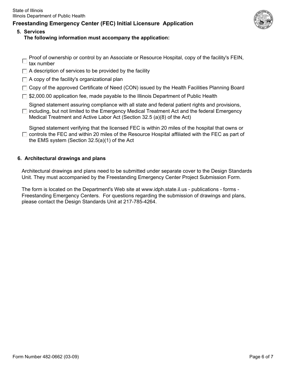 Form 482-0662 Freestanding Emergency Center (FEC) Initial Licensure Application - Illinois, Page 6