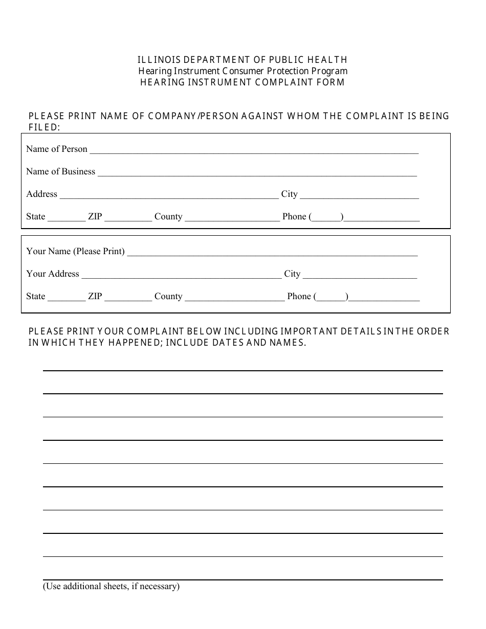 Hearing Instrument Complaint Form - Illinois, Page 1