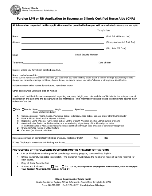 Foreign Lpn or Rn Application to Become an Illinois Certified Nurse Aide (Cna) - Illinois Download Pdf
