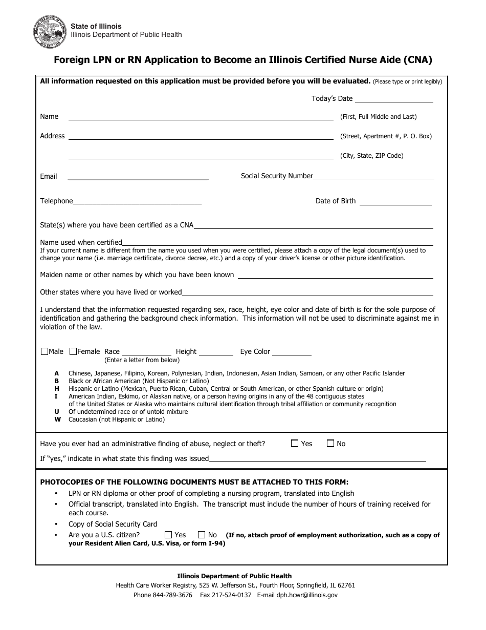 Foreign Lpn or Rn Application to Become an Illinois Certified Nurse Aide (Cna) - Illinois, Page 1