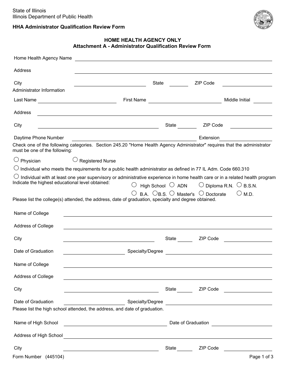 Form 445104 Attachment A Home Health Agency Administrator Qualification Review Form - Illinois, Page 1