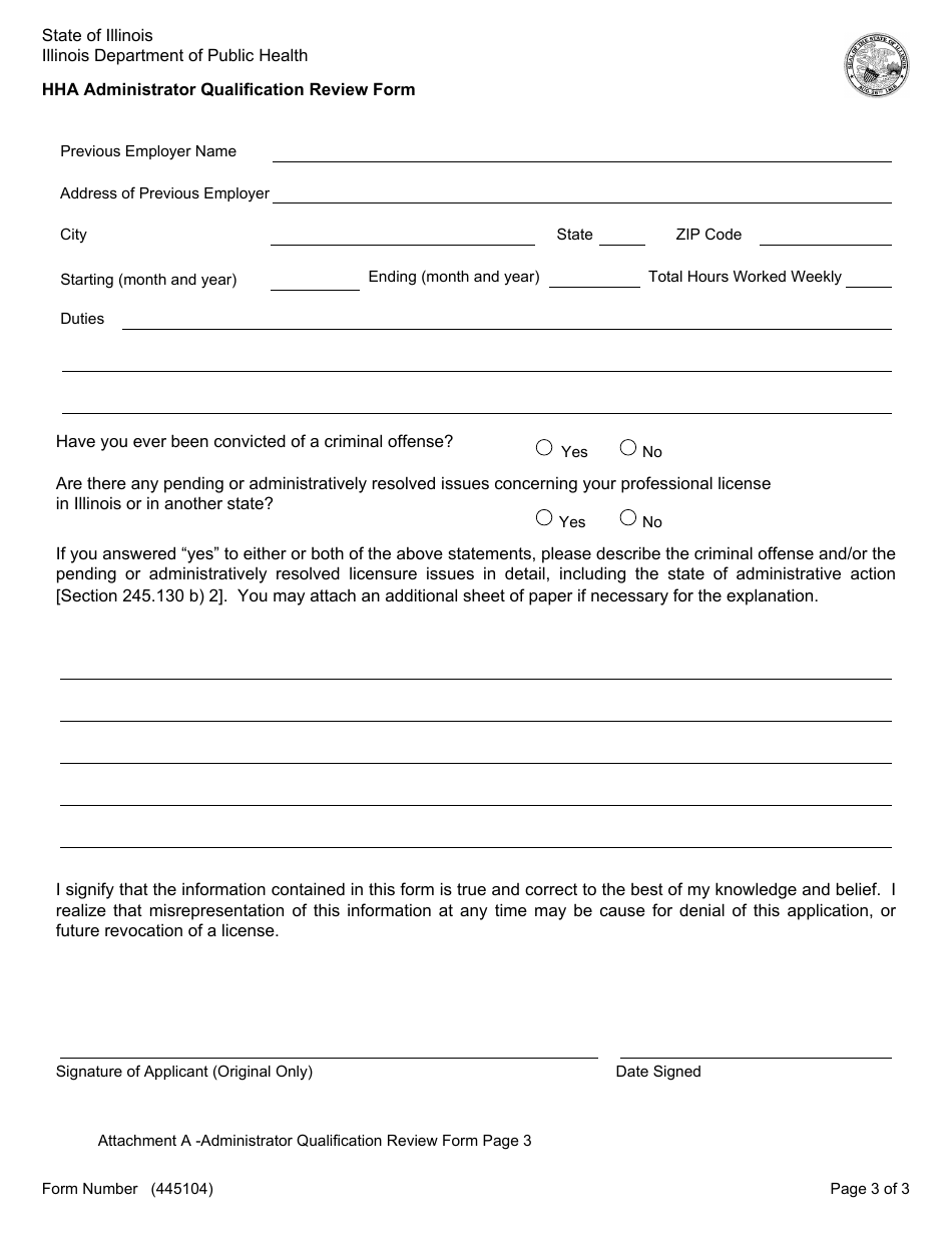 Form 445104 Attachment A Home Health Agency Administrator Qualification Review Form - Illinois, Page 3