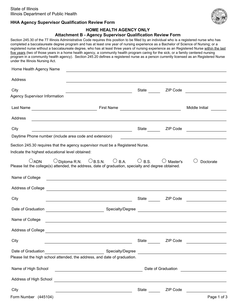 Form 445104 Attachment B Home Health Agency - Agency Supervisor Qualification Review Form - Illinois, Page 1