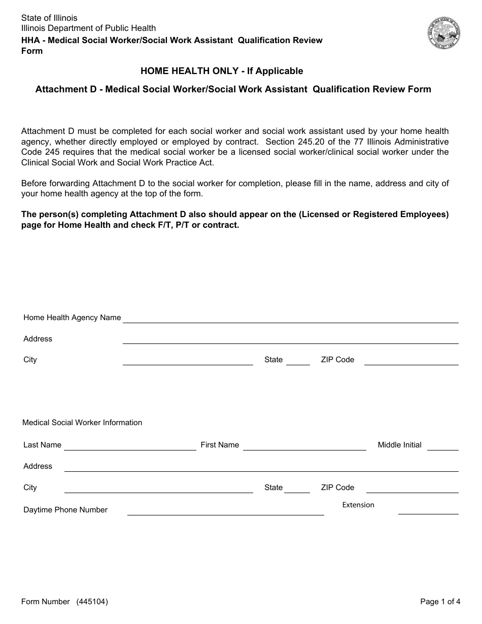 Form 445104 Attachment D Medical Social Worker / Social Work Assistant Assistant Qualifications Review Form - Illinois, Page 1