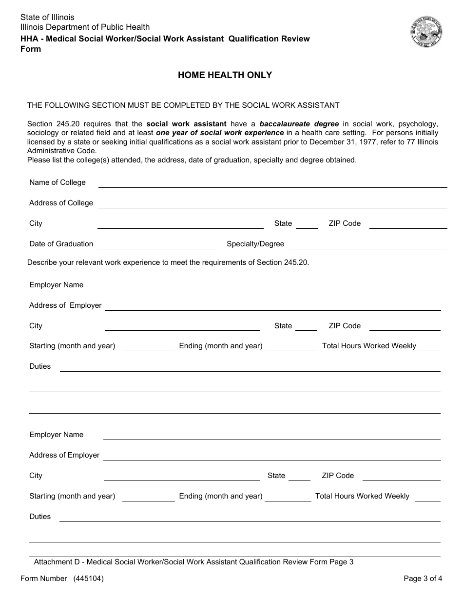 Form 445104 Attachment D Medical Social Worker / Social Work Assistant Assistant Qualifications Review Form - Illinois, Page 3