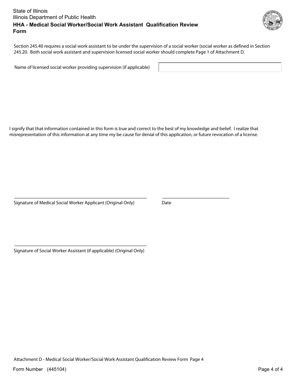 Form 445104 Attachment D Medical Social Worker / Social Work Assistant Assistant Qualifications Review Form - Illinois, Page 4