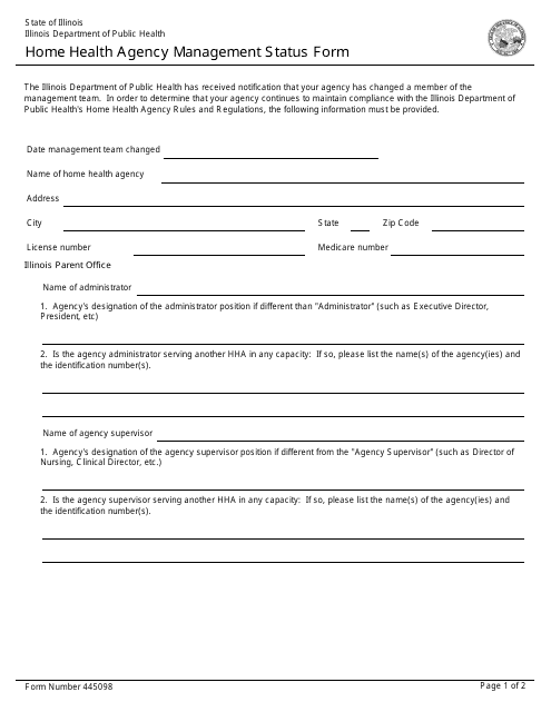 Form 445098 Home Health Agency Management Status Form - Illinois