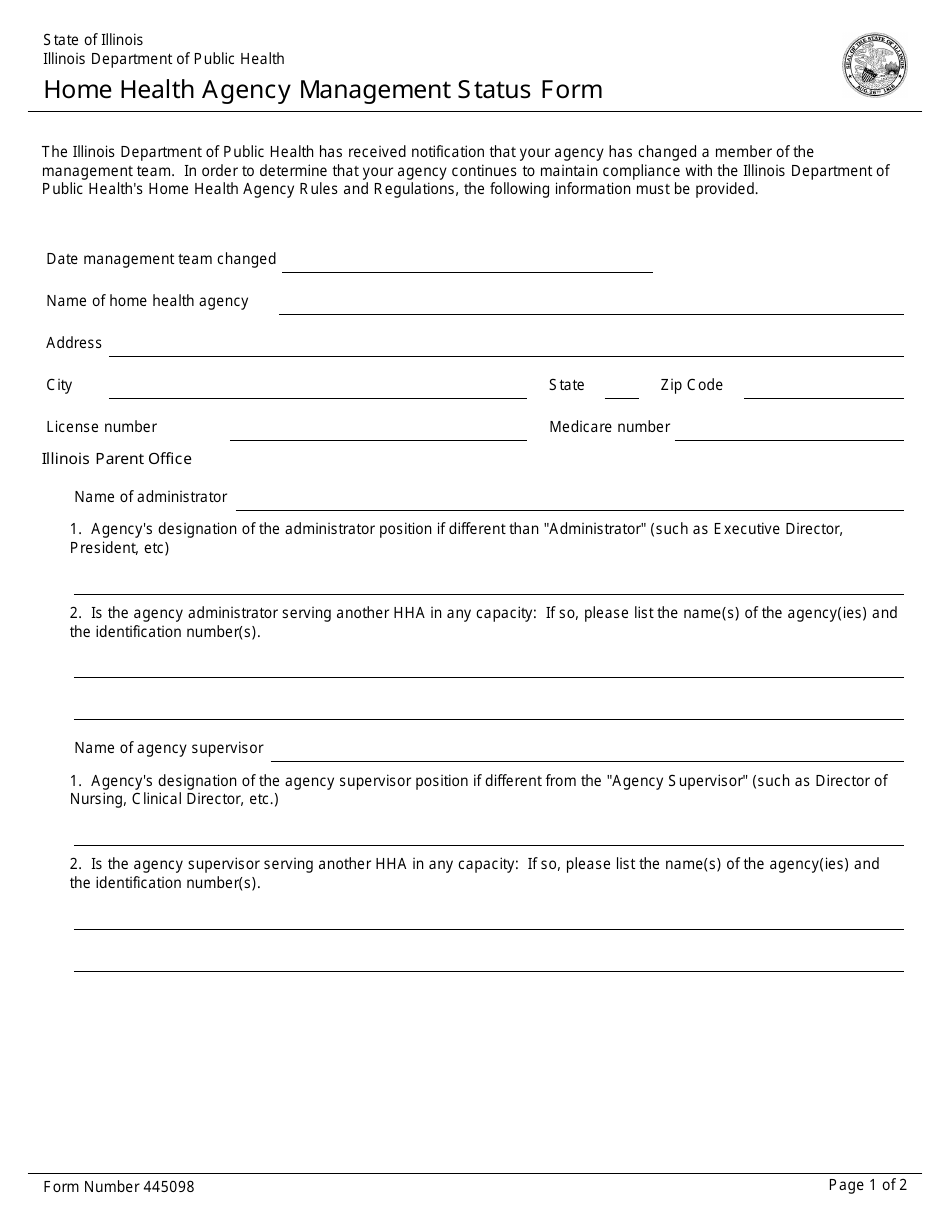 Form 445098 Home Health Agency Management Status Form - Illinois, Page 1