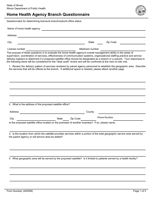Form 445099 Home Health Agency Branch Questionnaire - Illinois