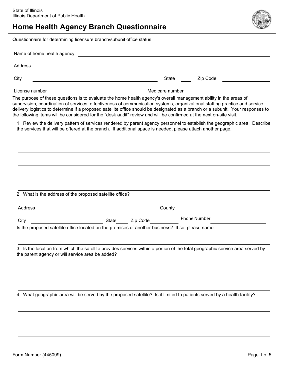 Form 445099 Home Health Agency Branch Questionnaire - Illinois, Page 1