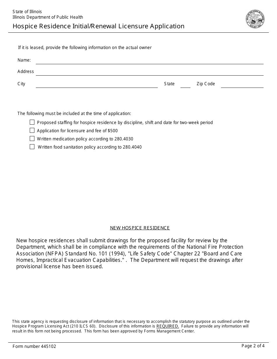 Form 445102 Hospice Residence Initial / Renewal Licensure Application - Illinois, Page 2