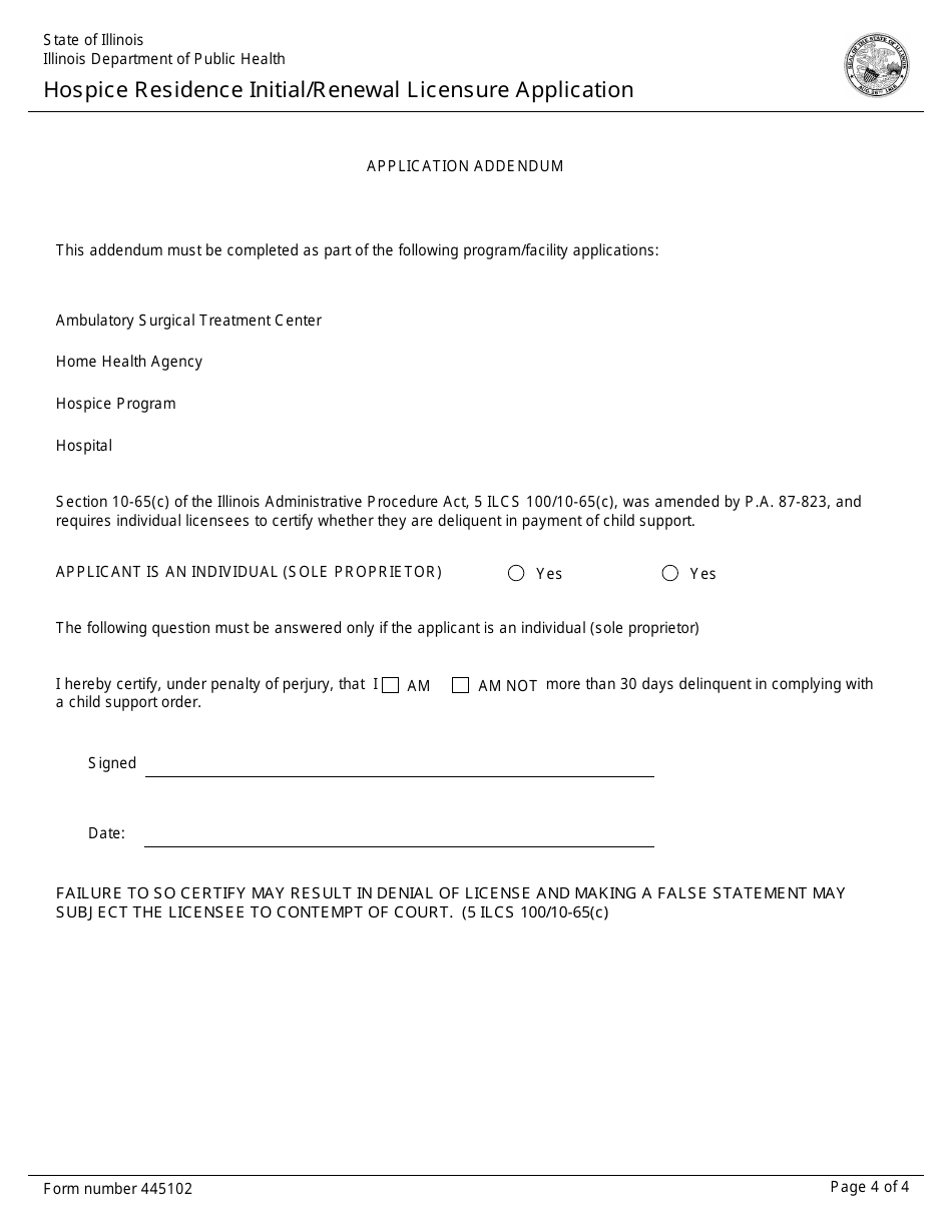 Form 445102 Hospice Residence Initial / Renewal Licensure Application - Illinois, Page 4