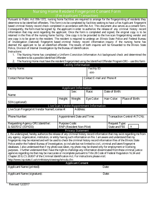 Nursing Home Resident Fingerprint Consent Form - Illinois Download Pdf