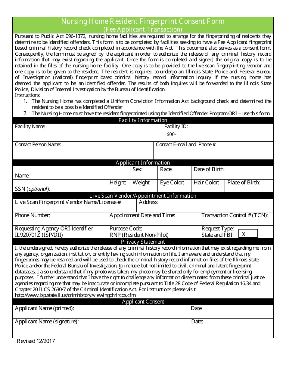 Nursing Home Resident Fingerprint Consent Form - Illinois, Page 1