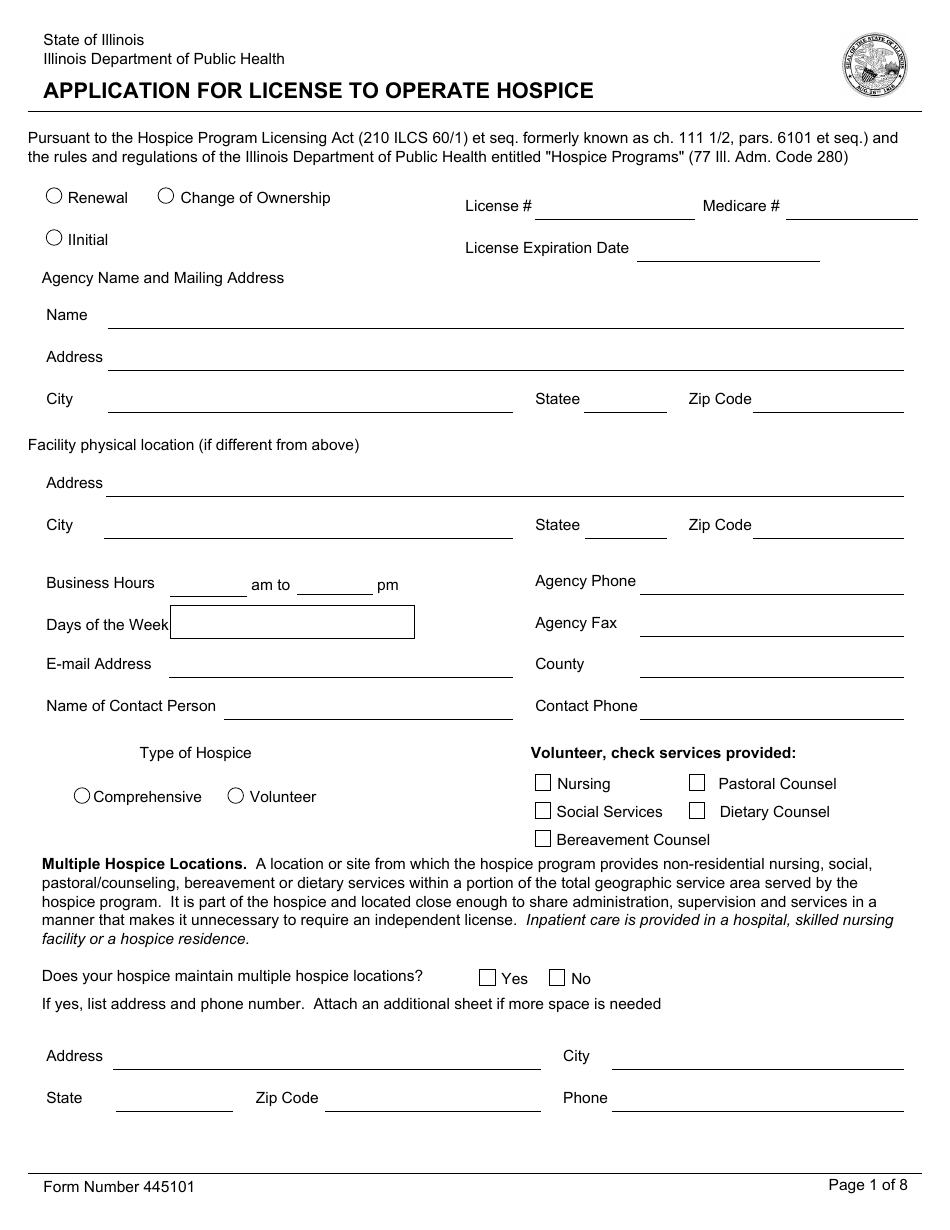 Form 445101 Application for License to Operate Hospice - Illinois, Page 1