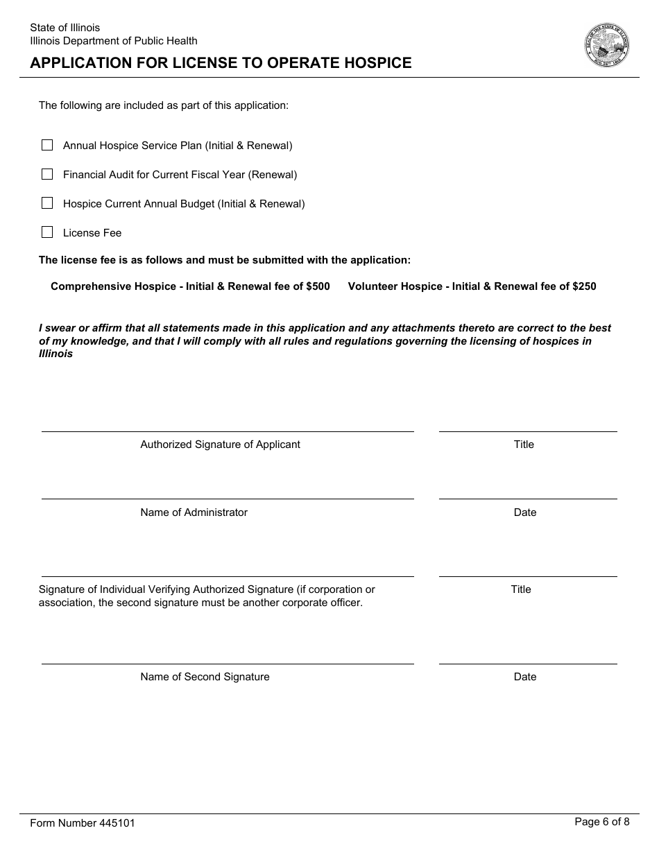 Form 445101 Application for License to Operate Hospice - Illinois, Page 6