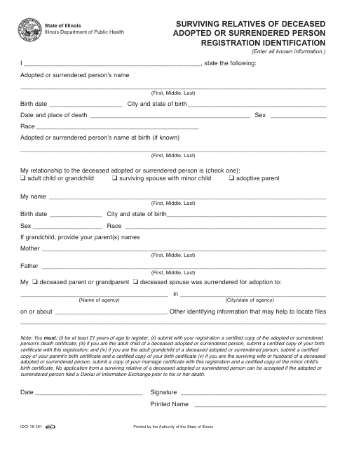 Form IOCI16-361 Surviving Relatives of Deceased Adopted or Surrendered Person Registration Identification - Illinois