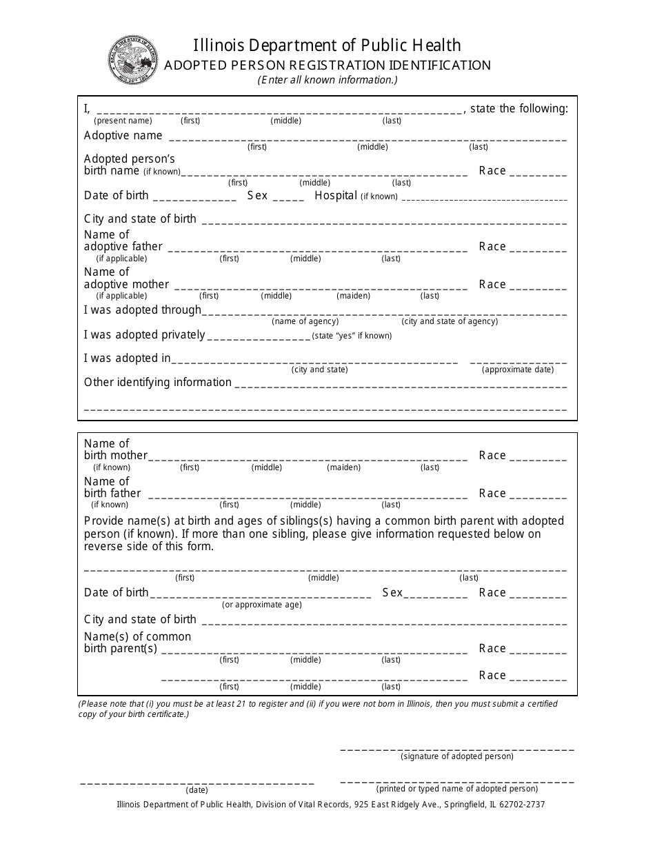 Adopted Person Registration Identification Form - Illinois, Page 1