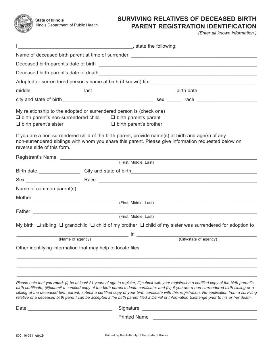 Form IOCI16-361 Surviving Relatives of Deceased Birth Parent Registration Identification - Illinois, Page 1