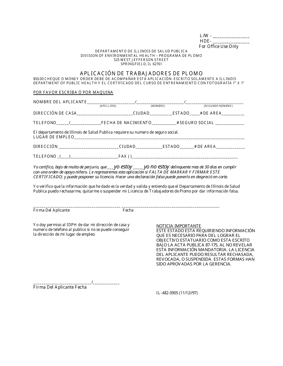 Formulario IL-482-0905 Aplicacion De Trabajadores De Plomo - Illinois (Spanish), Page 1