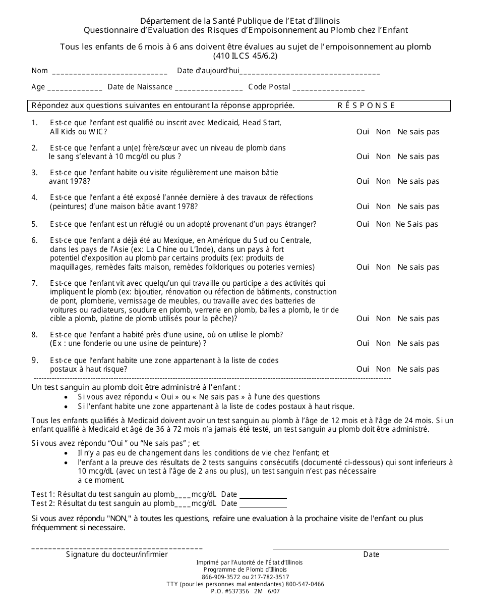 Illinois Childhood Lead Risk Questionnaire and Guidelines (French