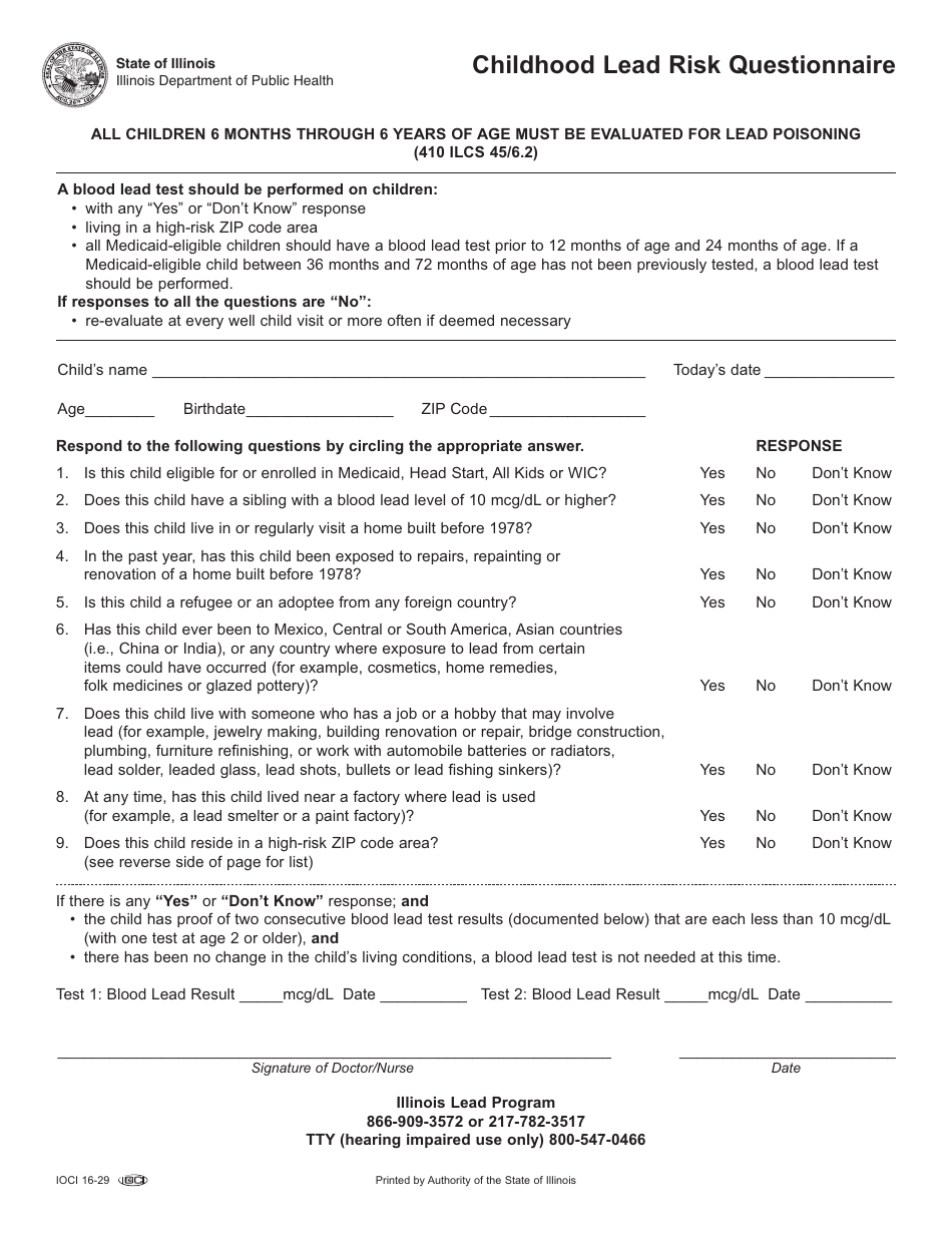 Form IOCI16-29 Childhood Lead Risk Questionnaire - Illinois, Page 1