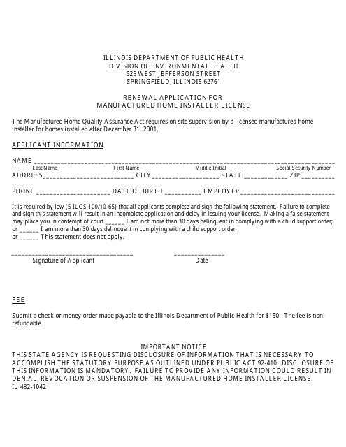 Form IL482-1042 Renewal Application for Manufactured Home Installer License - Illinois
