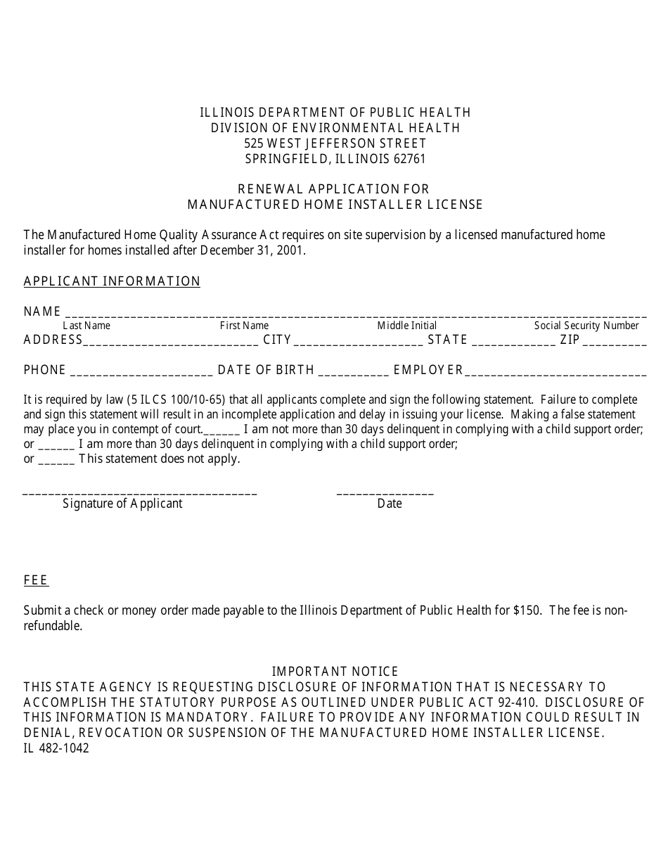 Form IL482-1042 Renewal Application for Manufactured Home Installer License - Illinois, Page 1