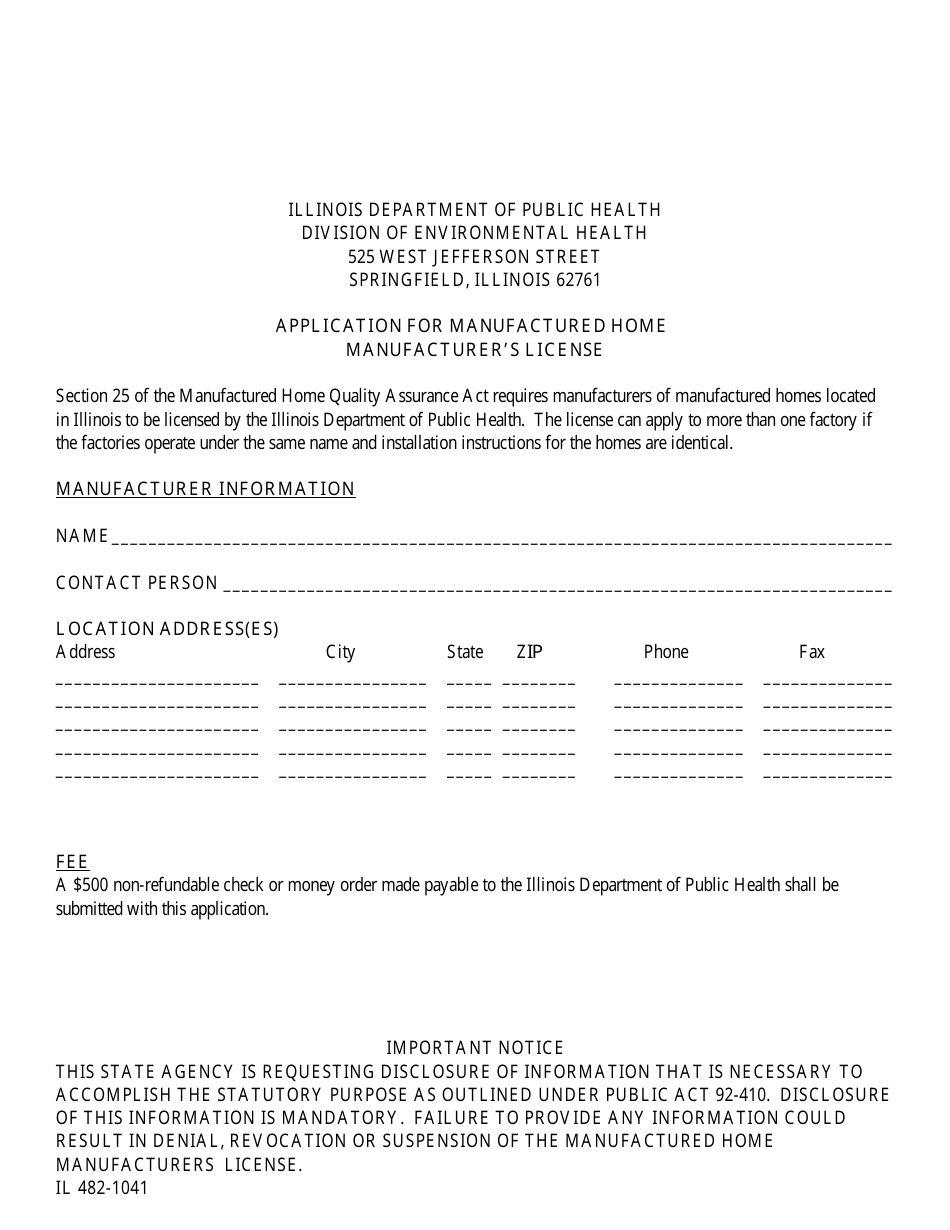Form IL482-1041 Application for Manufactured Home Manufacturers License - Illinois, Page 1