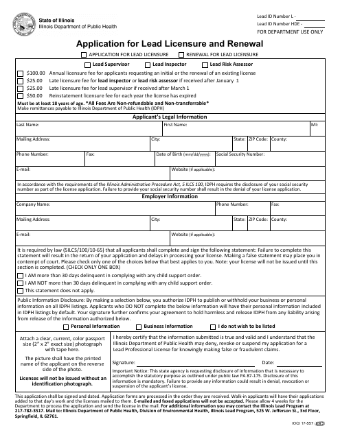 Form IOCI17-557 Application for Lead Licensure and Renewal - Illinois