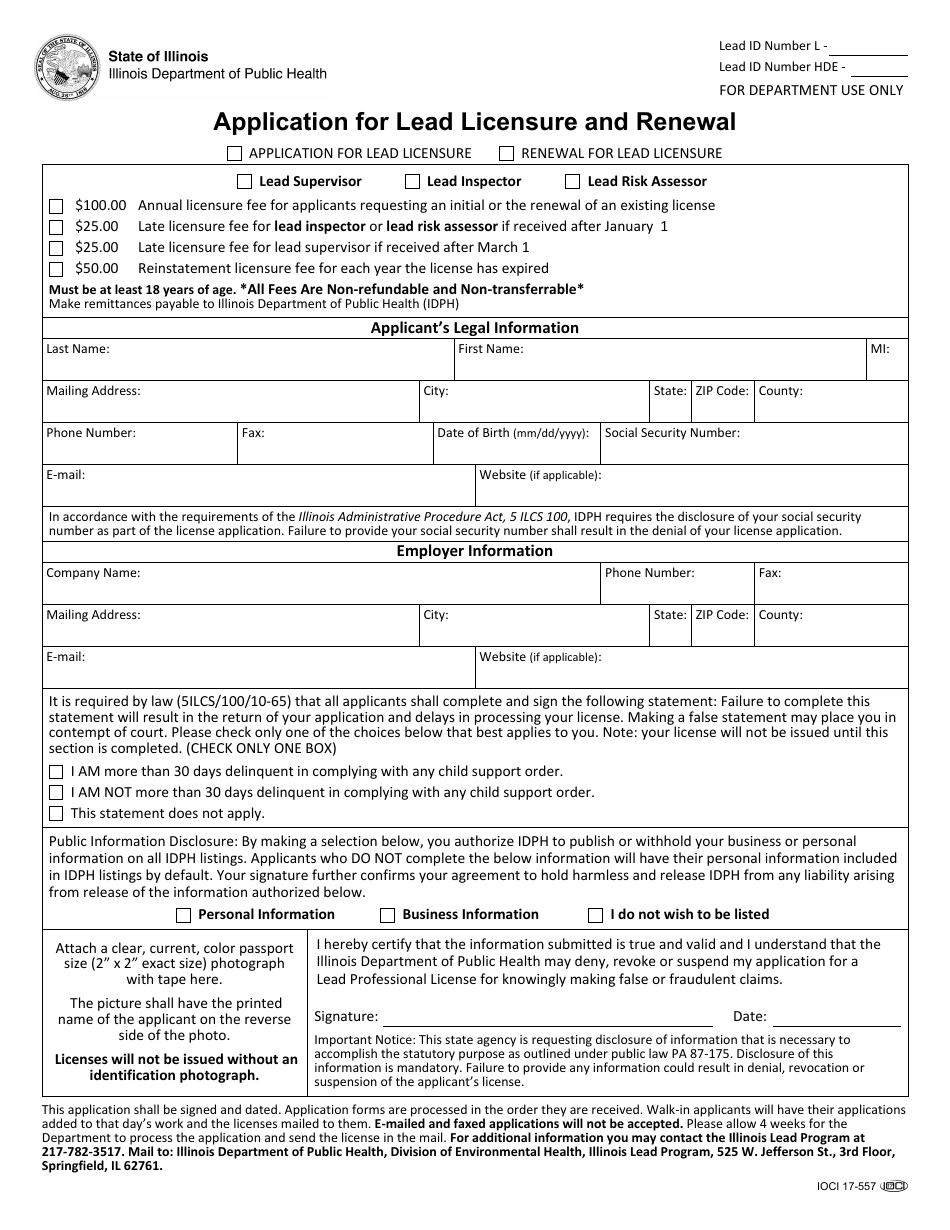Form IOCI17-557 Application for Lead Licensure and Renewal - Illinois, Page 1