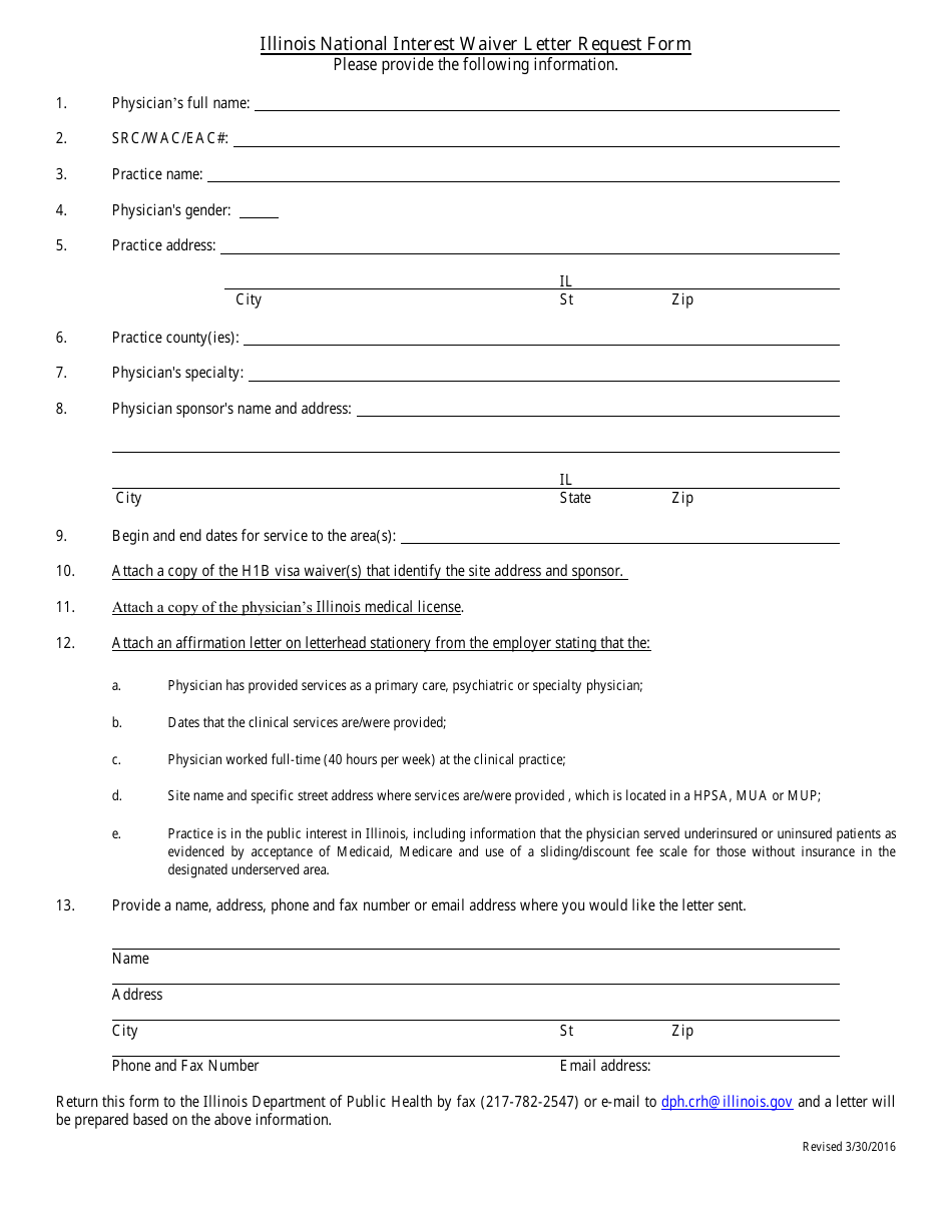 Illinois National Interest Waiver Letter Request Form - Illinois, Page 1