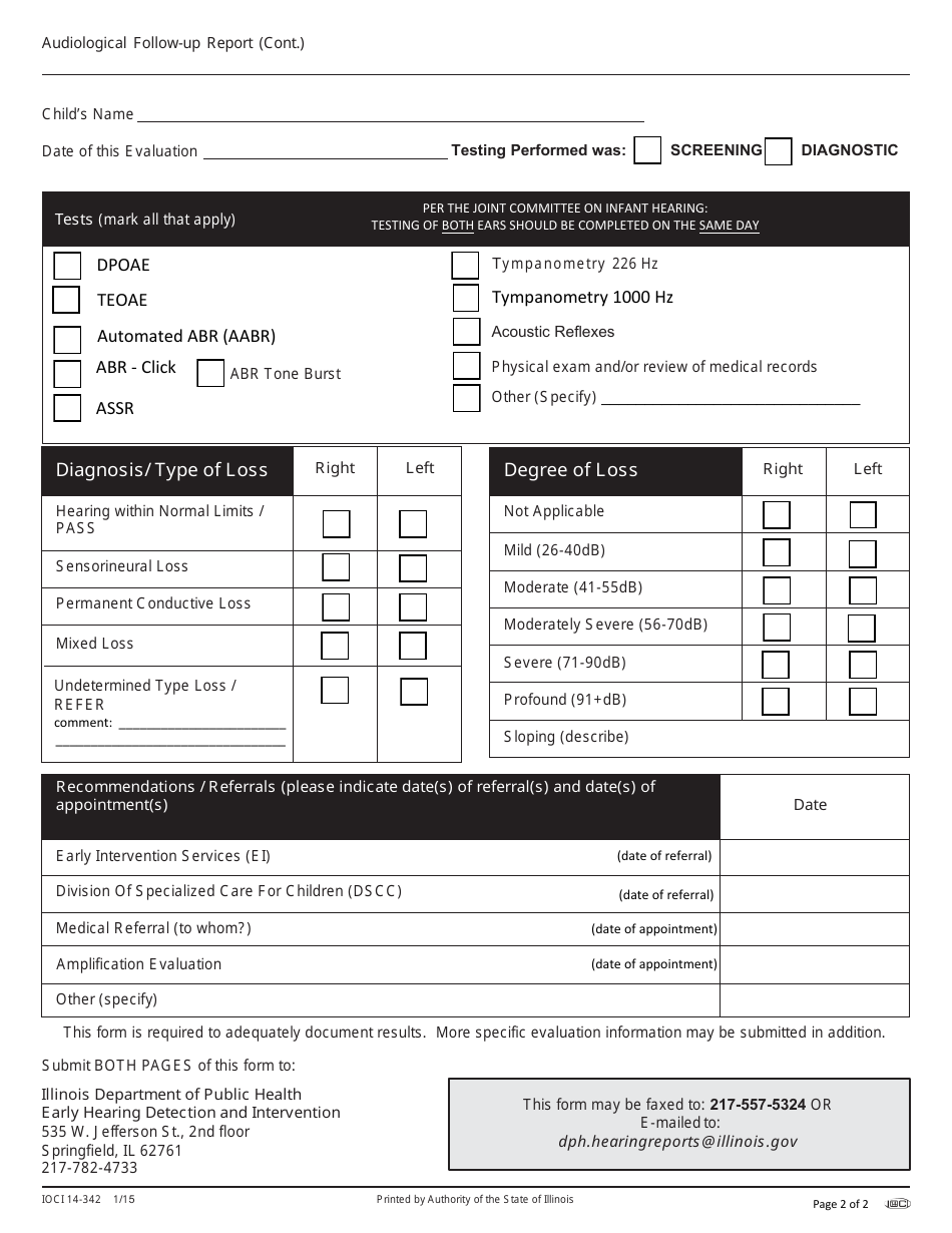 Form IOCI14-342 Early Hearing Detection and Intervention (Ehdi) Audiological Follow-Up Report - Illinois, Page 2