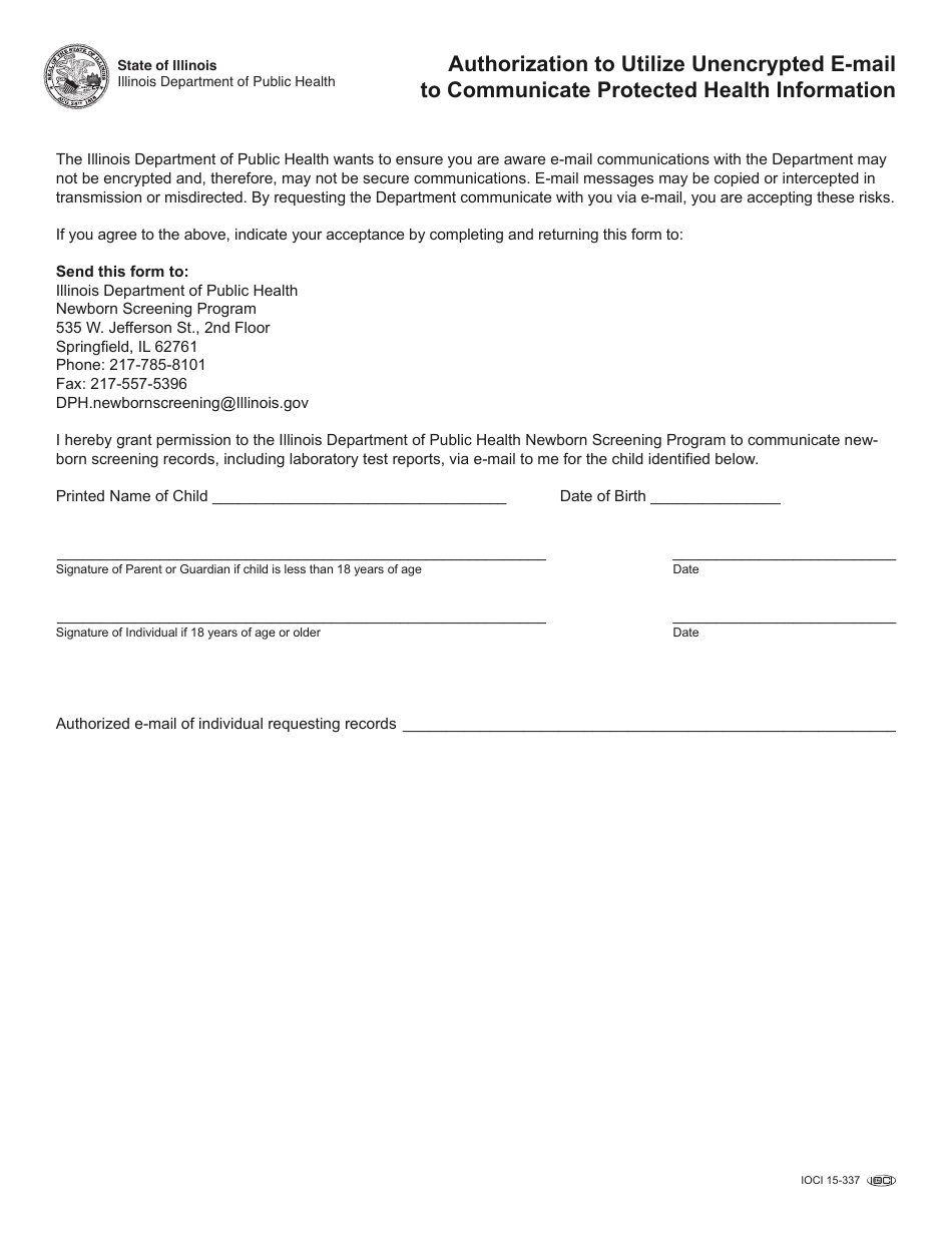 Form IOCI15-337 Authorization to Utilize Unencrypted E-Mail to Communicate Protected Health Information - Illinois, Page 1