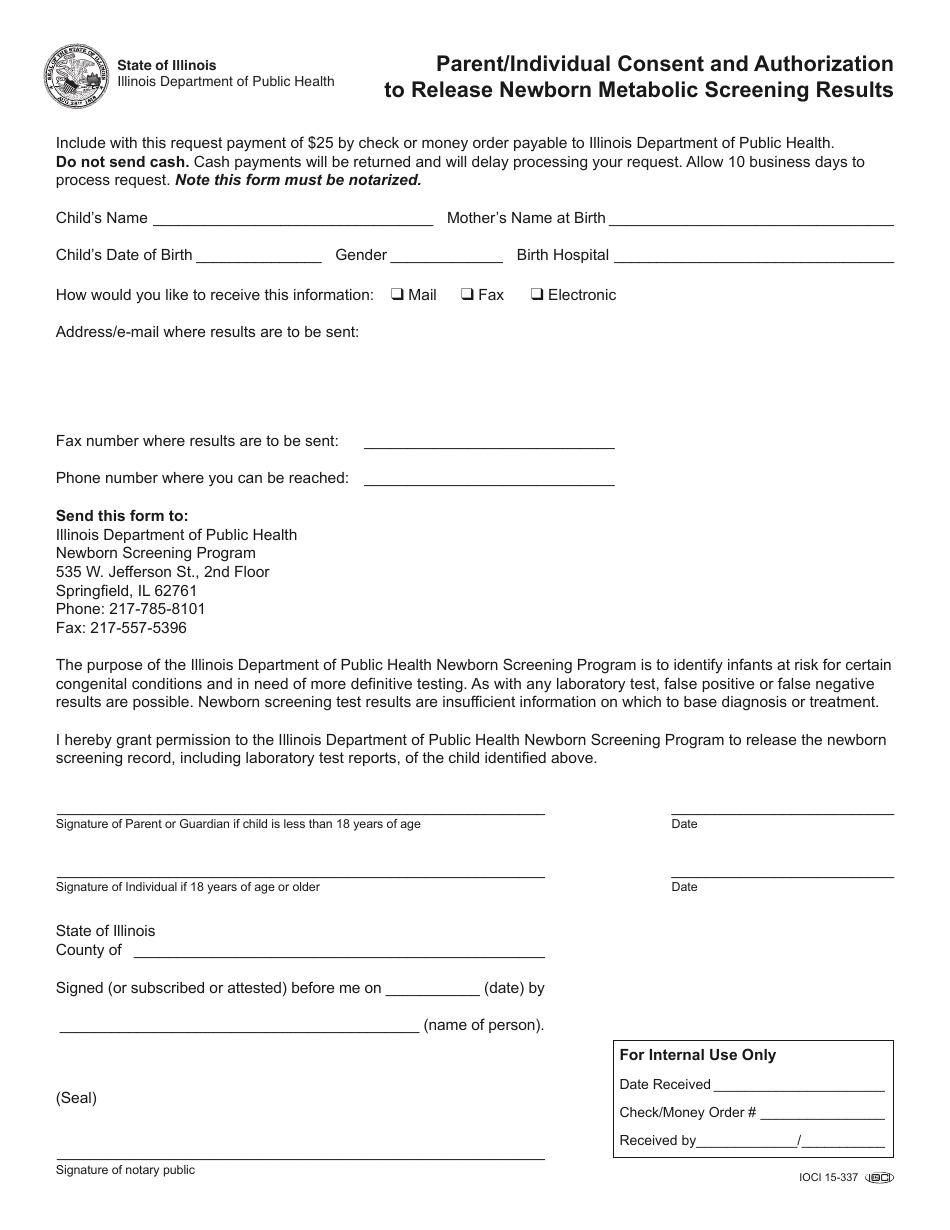 Form IOCI15-337 Parent/Individual Consent and Authorization to Release Newborn Metabolic Screening Results - Illinois, Page 1