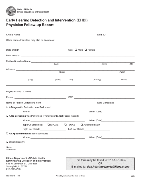 Form IOCI14-342 Early Hearing Detection and Intervention (Ehdi) Physician Follow-Up Report - Illinois